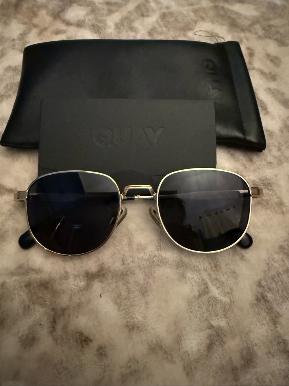 Quay Australia Gold Geometric Sunglasses Black Lenses + Case